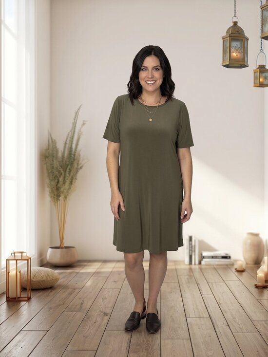 Sympli Dresses & Skirts - Sympli Trapeze Dress Short Sleeve Size 14 NWT Olive Green Knit Stretch Mod